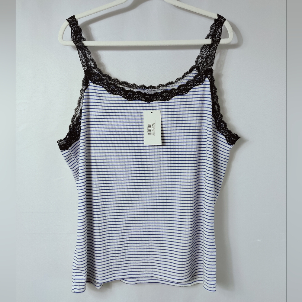 Culture Code Ribbed Knit Blue White Striped Black Lace Trim Cami Tank, 2X & 3X